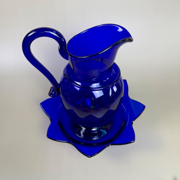 Vintage Cobalt Blue Glass Pitcher & Ruffled Bowl Set | Hand Blown Art Glass - Picture 4 of 16